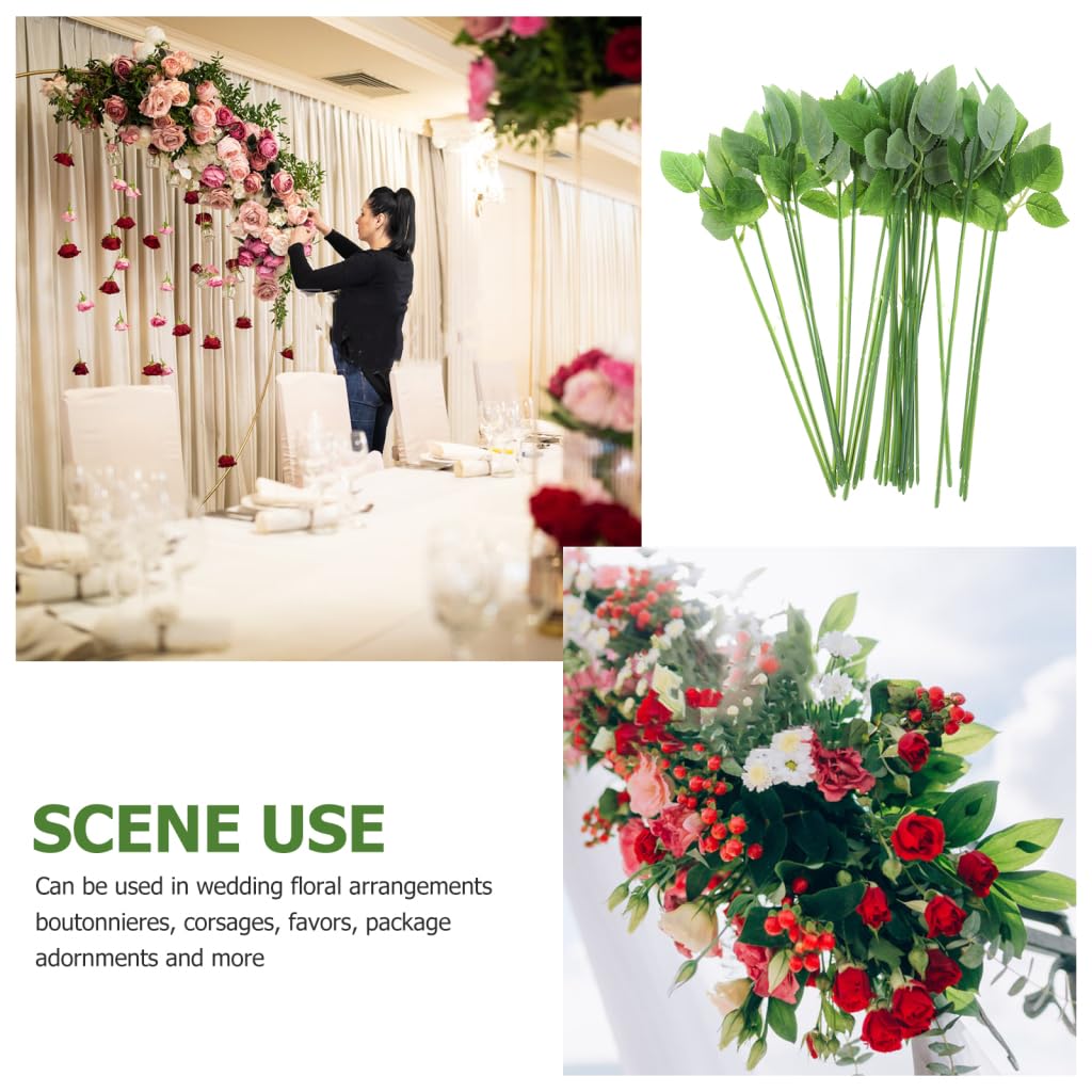 LIOOBO Rose Stems with Leaves: 30Pcs Floral Wire Stems for Artificial Floral Arrangement, DIY Craft Bouquet Making for Wedding Valentines Day Decorations Centerpieces