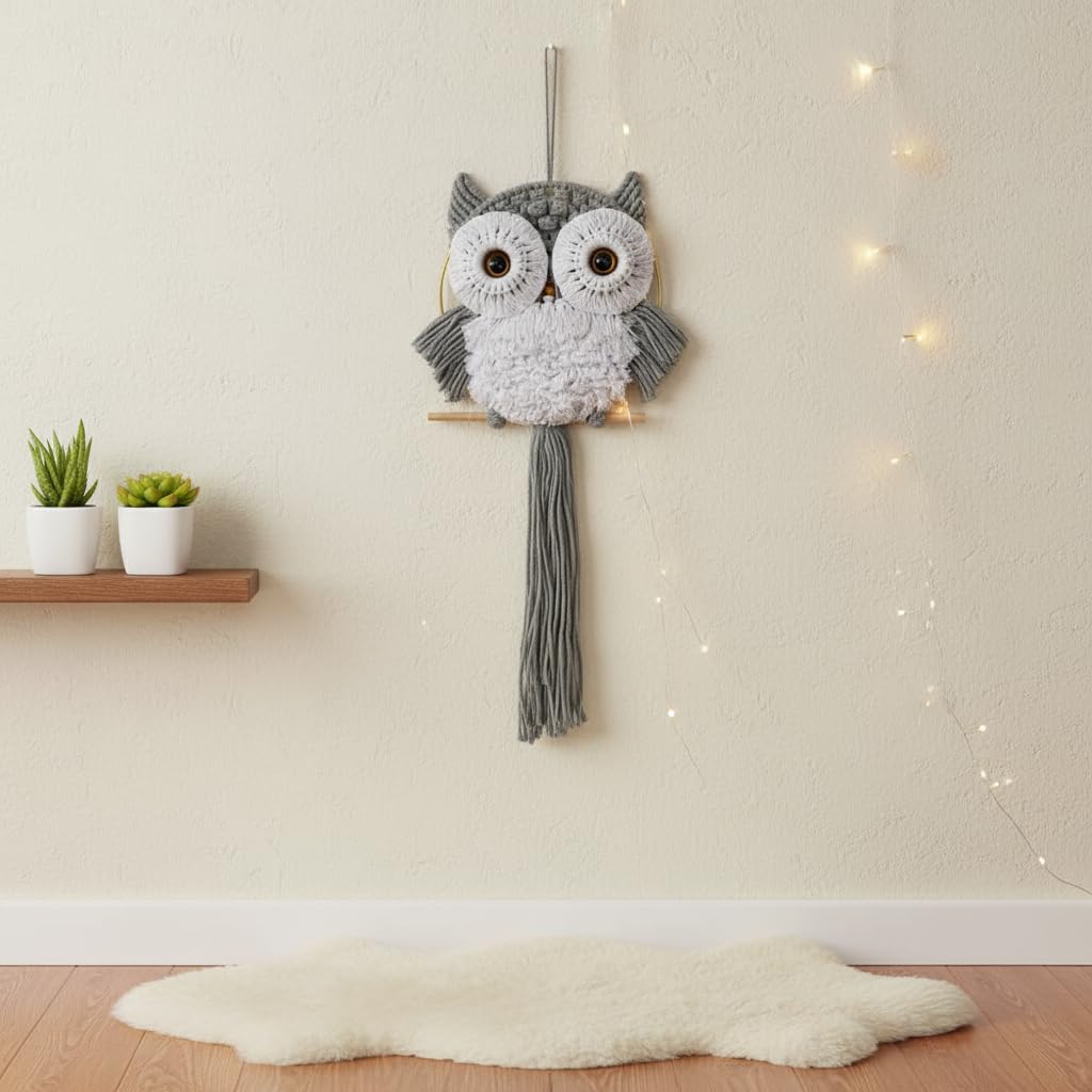 ACEDSGN Macrame Owl Wall Hanging Boho Hippy Decor, Handmade Tapestry Fiber Art Wall Decor for Nursery Bedroom Living Room, Sustainable Gift for Owl Lovers & Nature Fans