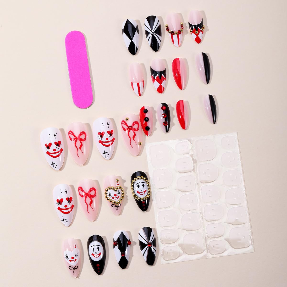 plalely Almond Press on Nails Long Black Fake NailClown Face Acrylic Nail Press ons Stick on Nails for Women 24pcs