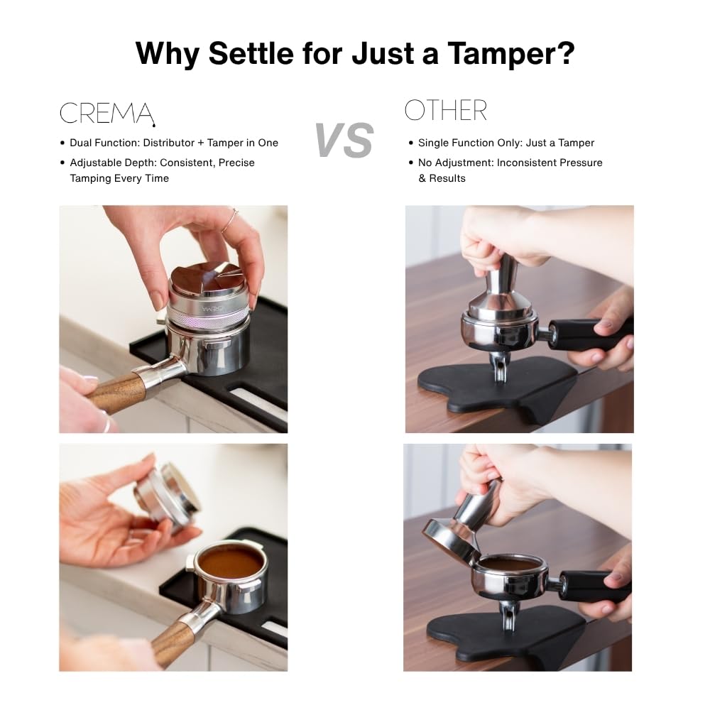 CREMA Coffee Products 51mm Hand Tamper & Coffee Distributor for Delonghi | Compatible w/any 51mm | Double-Sided, Adjustable Depth Tool | Durable 304 Stainless Steel | Black