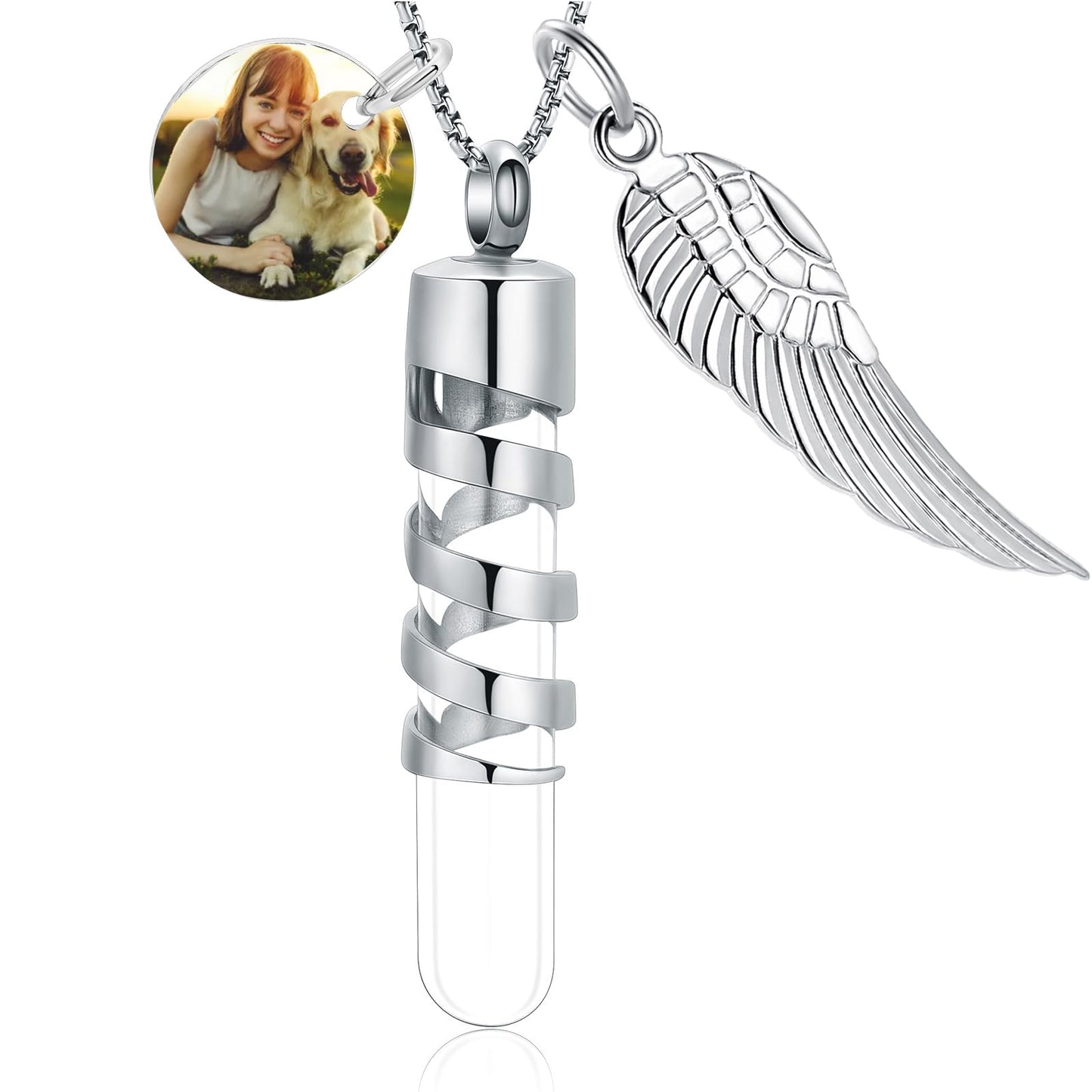 Oinsi Clear Glass Tube Cremation Urn Jewelry Ashes Holder Necklace Keepsake Memorial Pendant Including Box/Fill Kits (Customize-Text/Image)