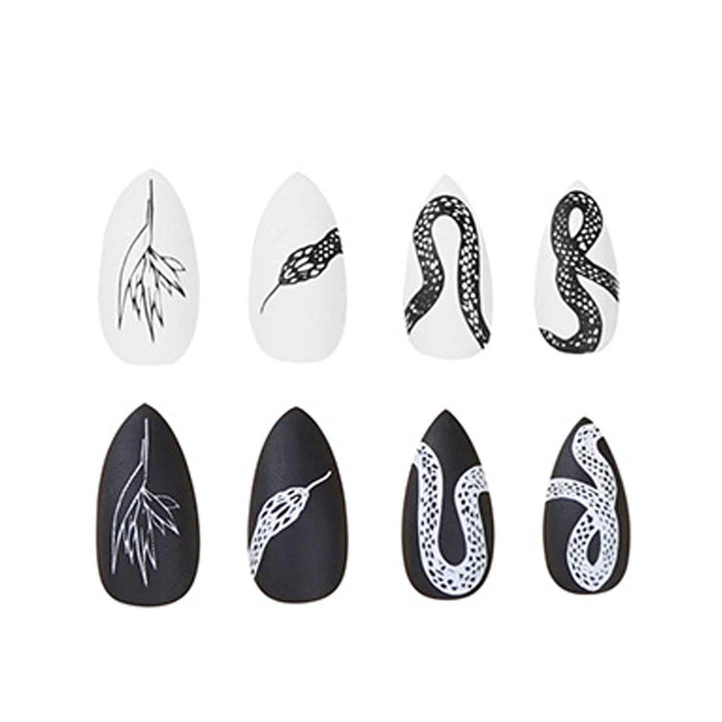 MISUD Press on Nails - Medium Stiletto Glue on Nails with Goth Snake, Acrylic Gothic Black White Design 24 pcs