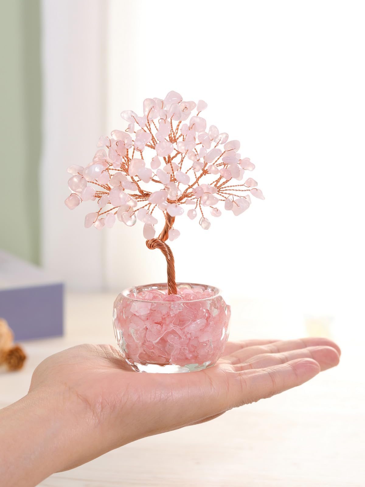Top Plaza Healing Crystals Rose Quartz Crystal Tree with Glass Base Handmade Natural Gemstone Life Tree Mini Bonsai Money Trees Good Luck Home Office Desk Decor
