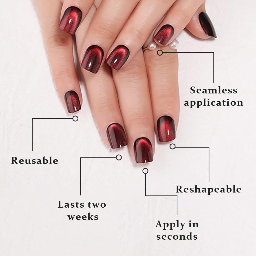 evpct Wine Red Cat Eye Extra Short Press on Nails Square No Glue, Petite Short Square Stick on Nails for Women, Black Wine Red Metallic Glitter Glossy Reusable Press on Acrylic Fake Nail with Designs