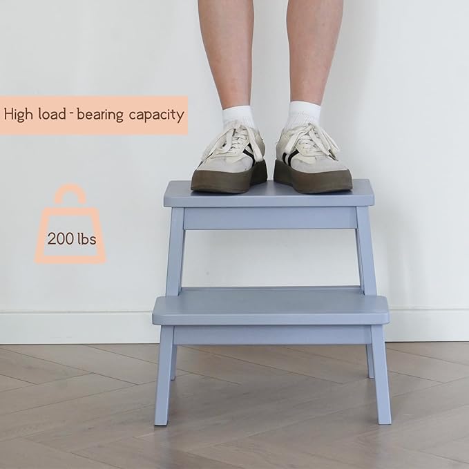 Adult & Child Wooden Two Step Stool ，Stepping Stool，Kids Step Stool Kitchen Step Stools for Bathroom– Perfect for Kitchen, Bathroom, Bedrooms & More (Grey)