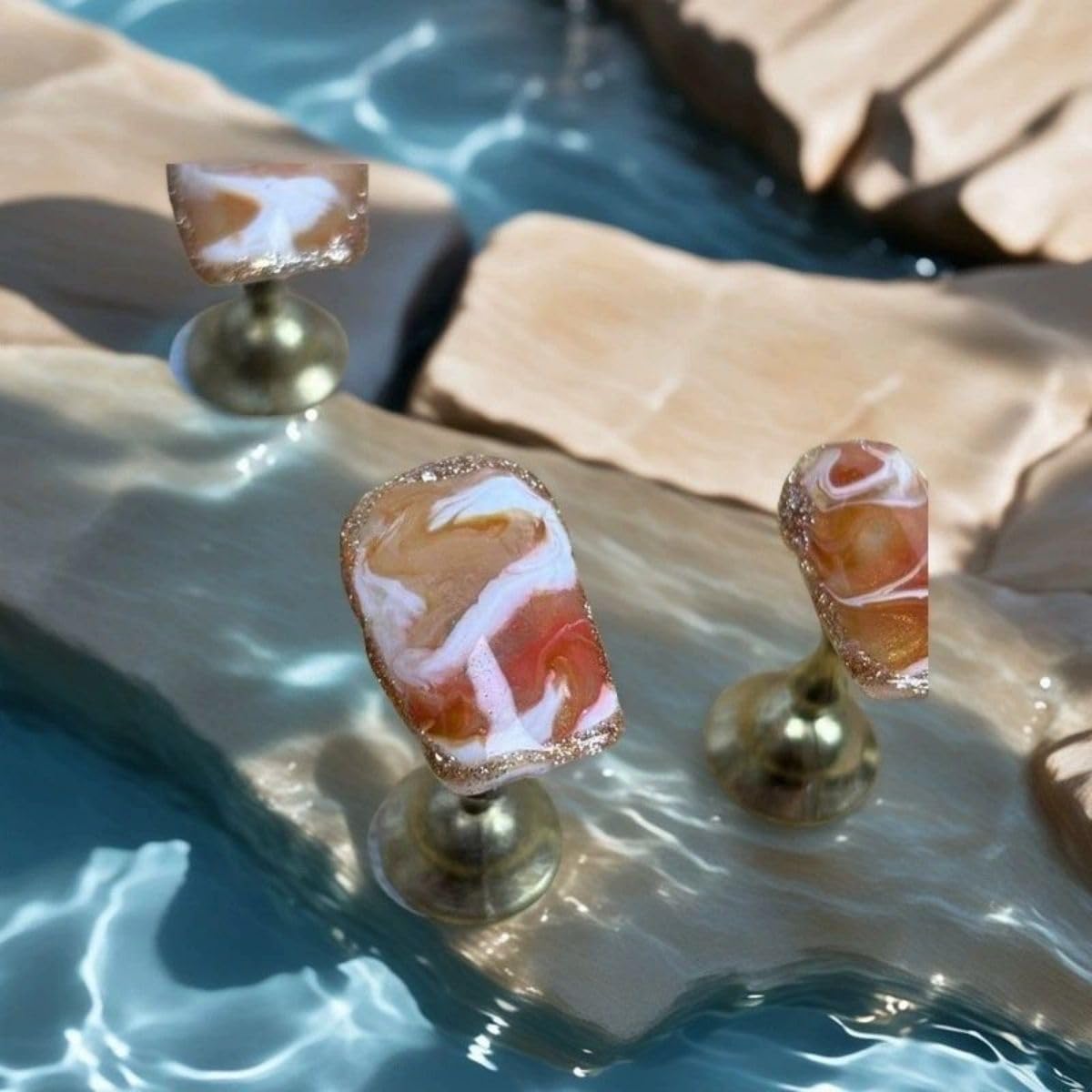 Threelegscat Brown Handmade Press on Nails Coffin Short with Marble Pattern Design for Women and Girls Size L 10pcs