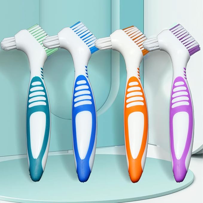 Denture Brush Dual Head Toothbrushes False Teeth Brush Denture Cleaning Kit Toothbrush (Blue Green)