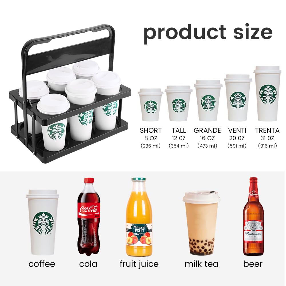 musbus Portable Drink Carrier Suitable for Doordash Accessories Grubhub Postmates Drivers, Reusable Cup Holder with Handle,Perfect Plastic take Out Carriers delivery, Black, (112)