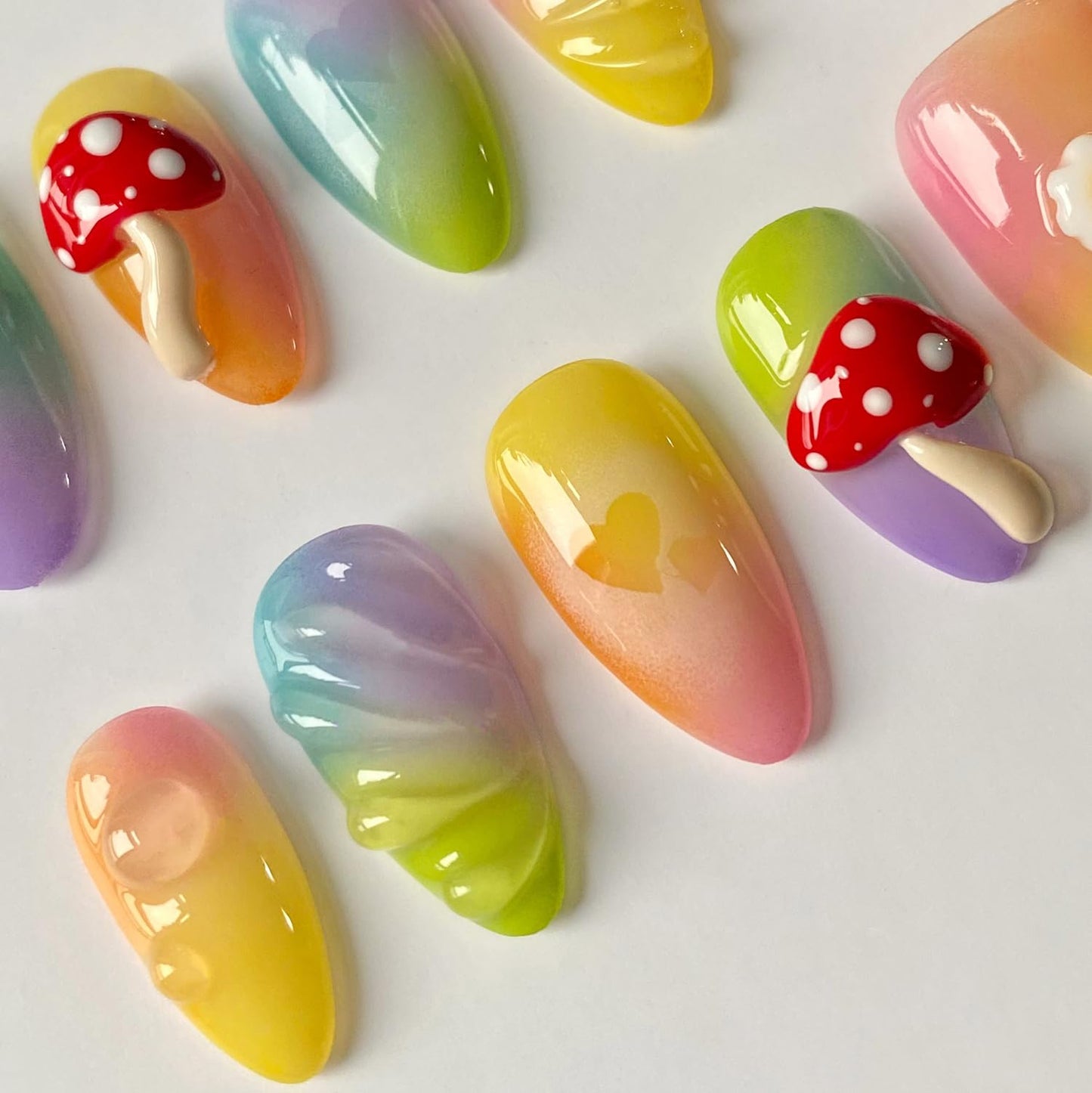 Handmade Press on Nails Short Almond 3D Unique Reusable ABS Material Cute Fake Nails Luxury False Nails with Designs Mushroom Egg Colorful Glossy Glue on Nails Thick Acrylic Nails(S)