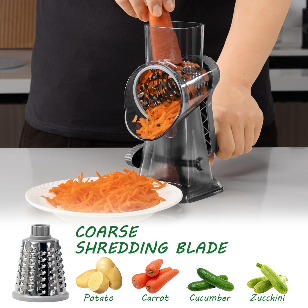 EDEFISY Cheese Grater Hand Crank Rotary Vegetables Shredder with Handle, 3-in-1 Graters with Interchangeable Blades and Non-slip Base Multifunctional Slicer for Kitchen