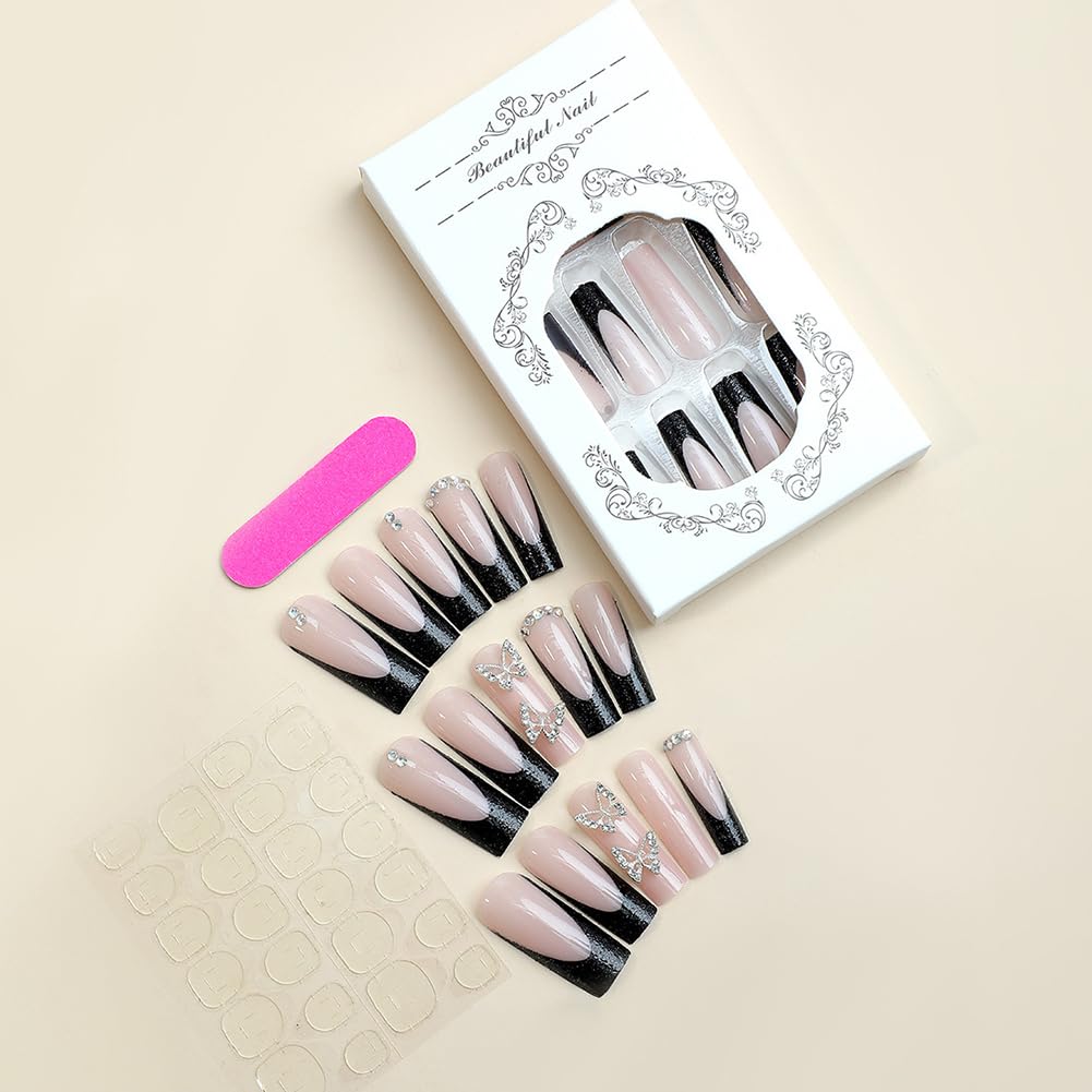 RUPOFUZA Extra Long Press on Nails Black French Tip Glitte Powder Fake False Nails 24Pcs Square with Butterfly Charms Designs Acrylic Nail Press ons Artificial Stick on Nail for Women