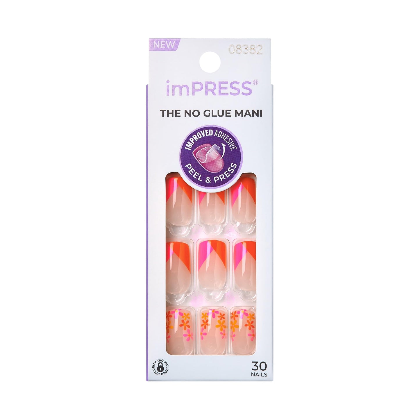 KISS Impress No Glue Mani 30 Pcs Press on Nails, Medium Coffin Design Nail, Red & Pink Flower Print, Simple Peel & Press Easy Apply, Hassle-Free Removal, Essential Tools Included