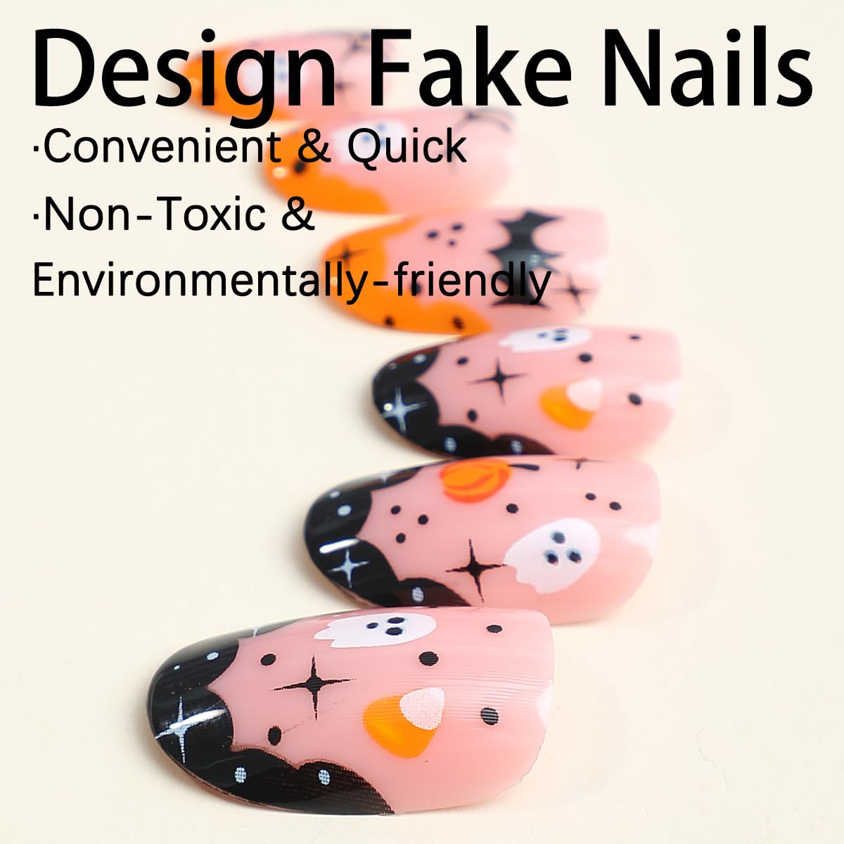 Halloween Press on Nails Short Almond Fake Nails French Tips Nail Press ons Ghost Spider Web Designs Acrylic Nails Short Oval False Nail Cute Glue on Nail for Women Girls Manicure 24Pcs