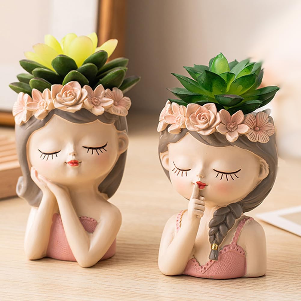 Snowy sunday Small Fairy Succulent Plant Pot kit 2 Pack with Drainage Hole Indoor Cactus Pot Cute Flower vases Decor with Girl Face Container Planter