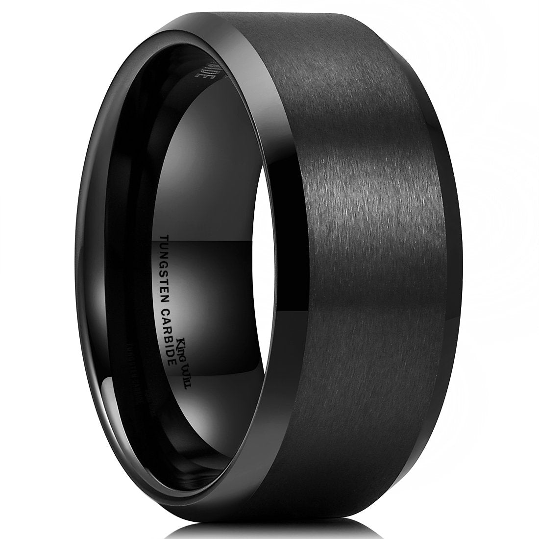 King Will 10mm Men's Black Wedding Ring - Brushed Matte Surface, Beveled Polished Edge, Comfort Fit Size 9