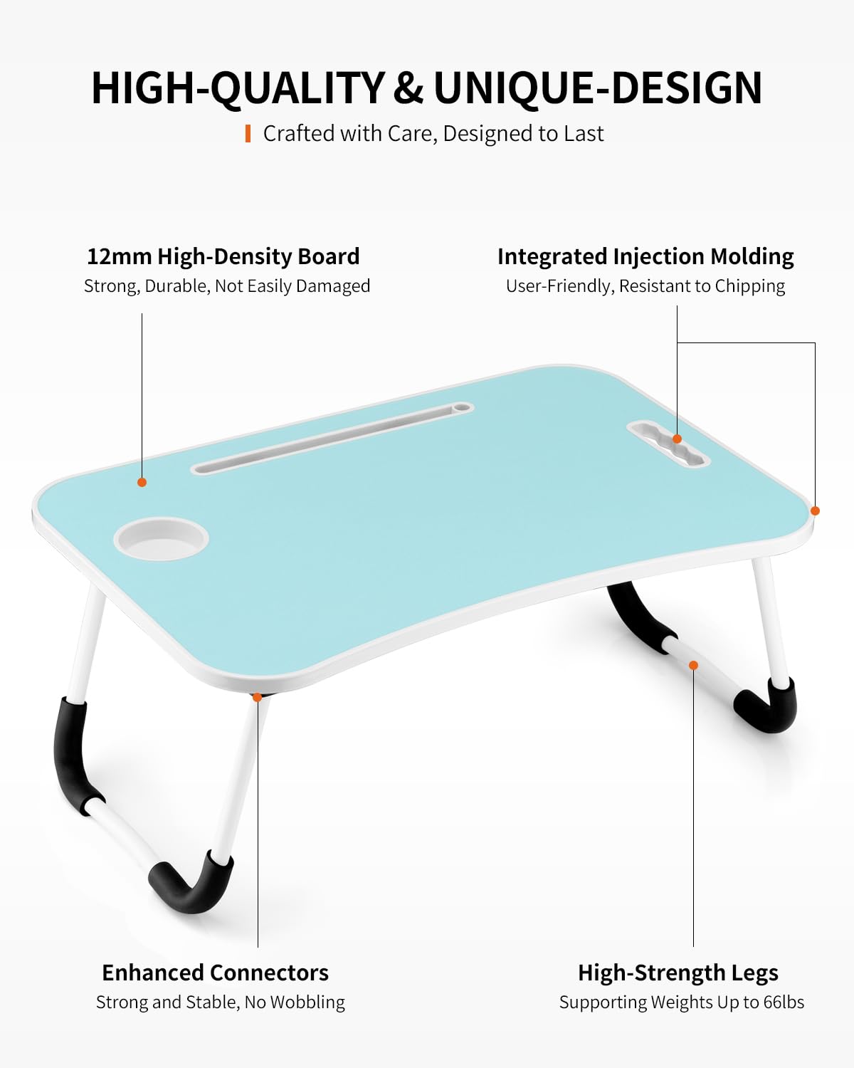 FISYOD Foldable Laptop Table, Portable Lap Desk Bed Table Tray, Laptop Stand with Cup Holder & Tablet Slot & Lifting Handle for Working Writing Drawing & Eating (Blue)