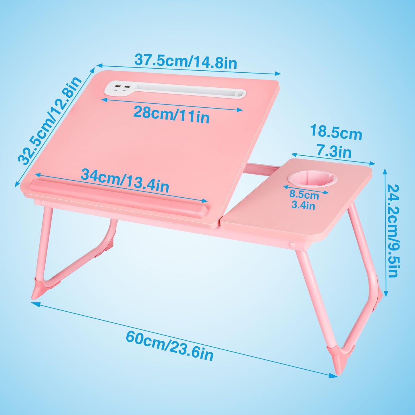 Laptop Bed Desk, Adjustable Lap Desk, Small Laptop Table with USB Charge Port, Desktop Card &Pen Slot, Cup Holder, Foldable Bed Tray Table for Couch Sofa Chair Floor Eating Working