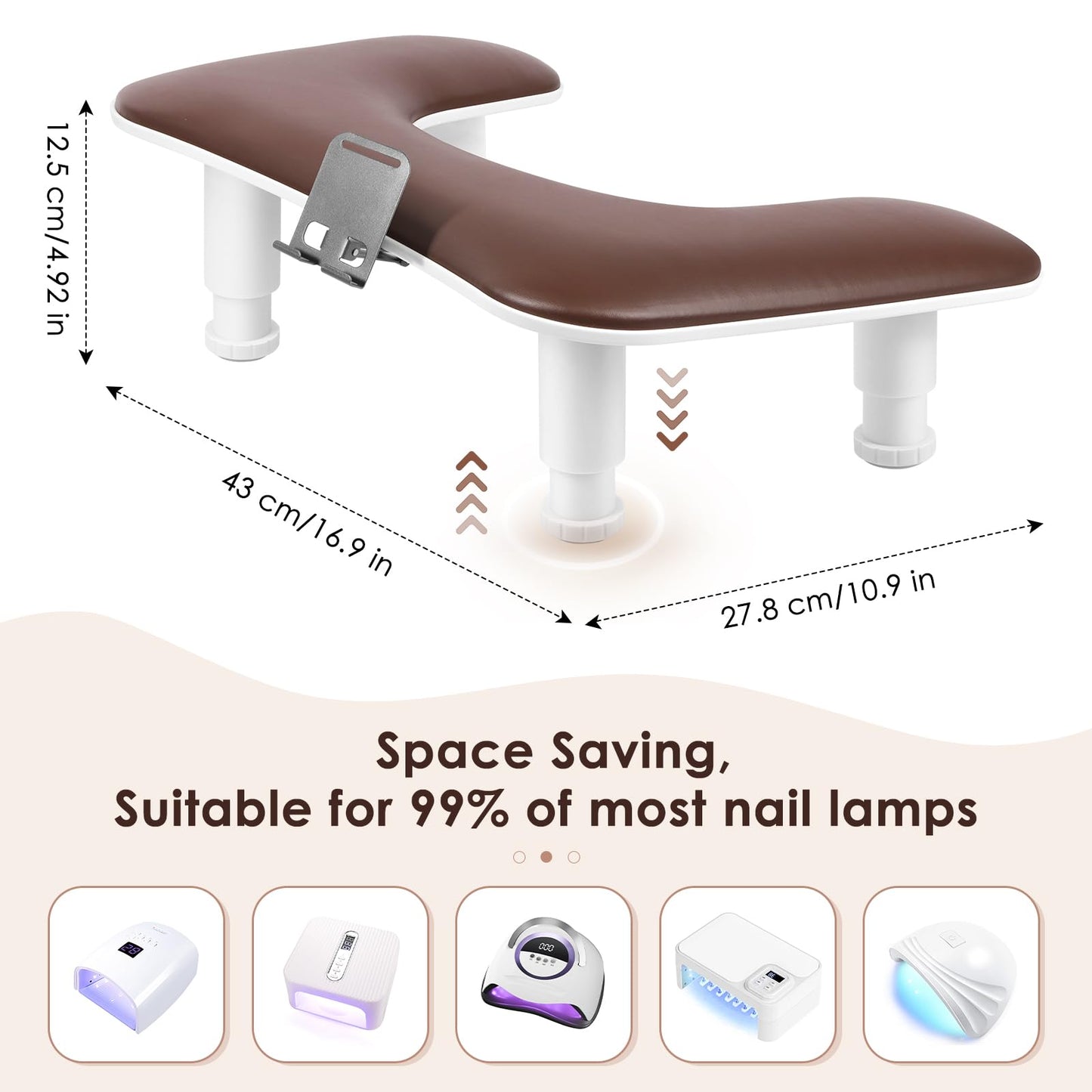 LIONVISON Arm Rest for Nails Tech: U Shaped Adjustable Height Ergonomic Nail Hand Rest Stand PU Leather with Rotating Phone Holder for Nail Salon Manicurist (Brown)