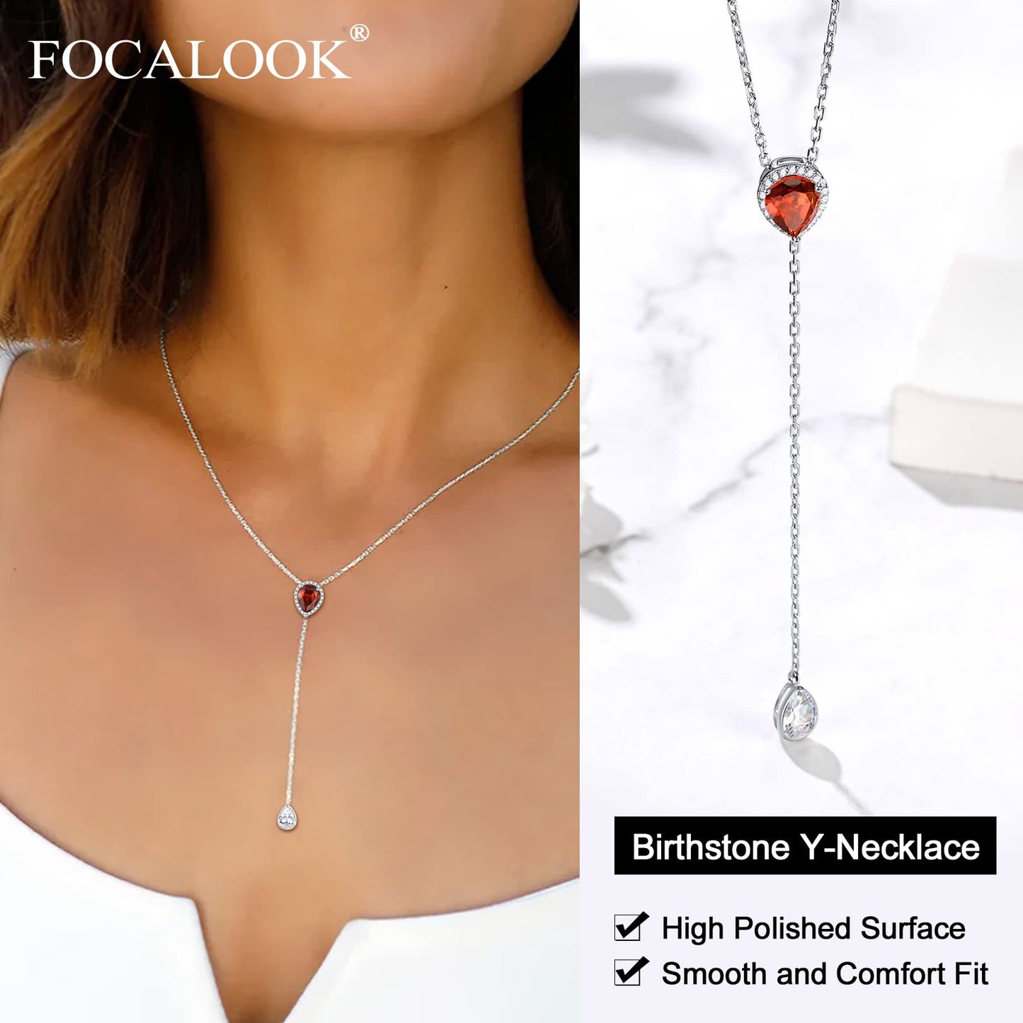 FOCALOOK 925 Sterling Silver Pear Birthstone Pendant Necklace for July Women Simulated Ruby Birthday Jewelry Adjustable