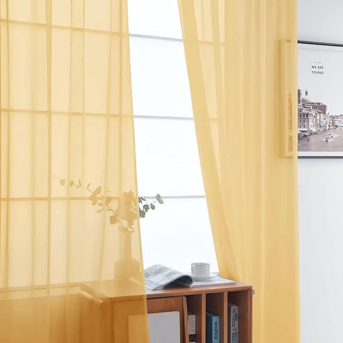 SpaceDresser Basic Rod Pocket Sheer Voile Window Curtain Panels Gold 1 Pair 2 Panels 52 Width 84 Inch Long for Kitchen Bedroom Children Living Room Yard（Gold, 52W x 84L）