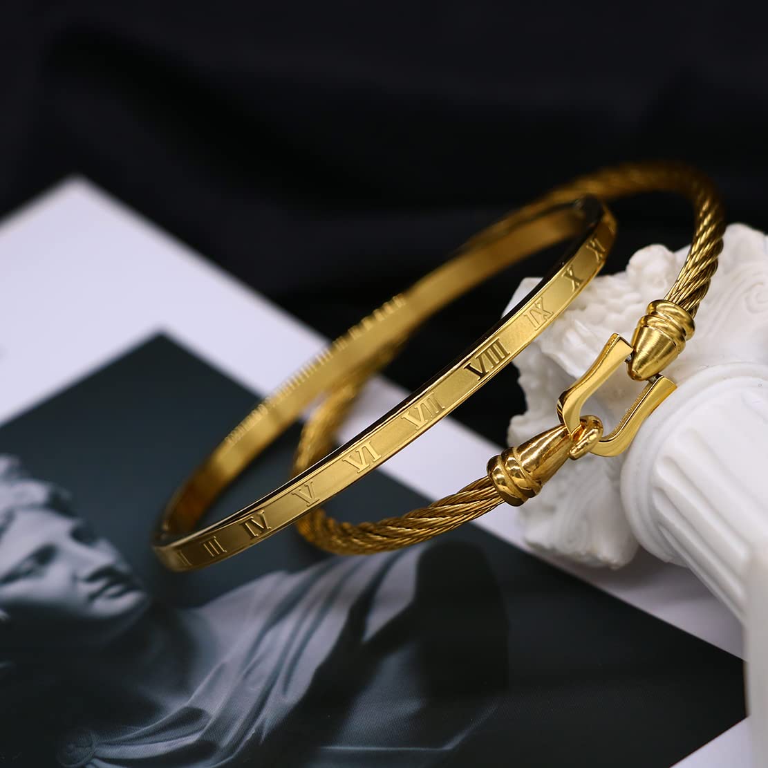 Jarlinwel Gold Silver Plated Bracelets for Men Women Roman Numeral Bangle Bracelet Stainless Steel Personalized Engraved Unisex Gift (2Pcs Gold Cable Bracelet)