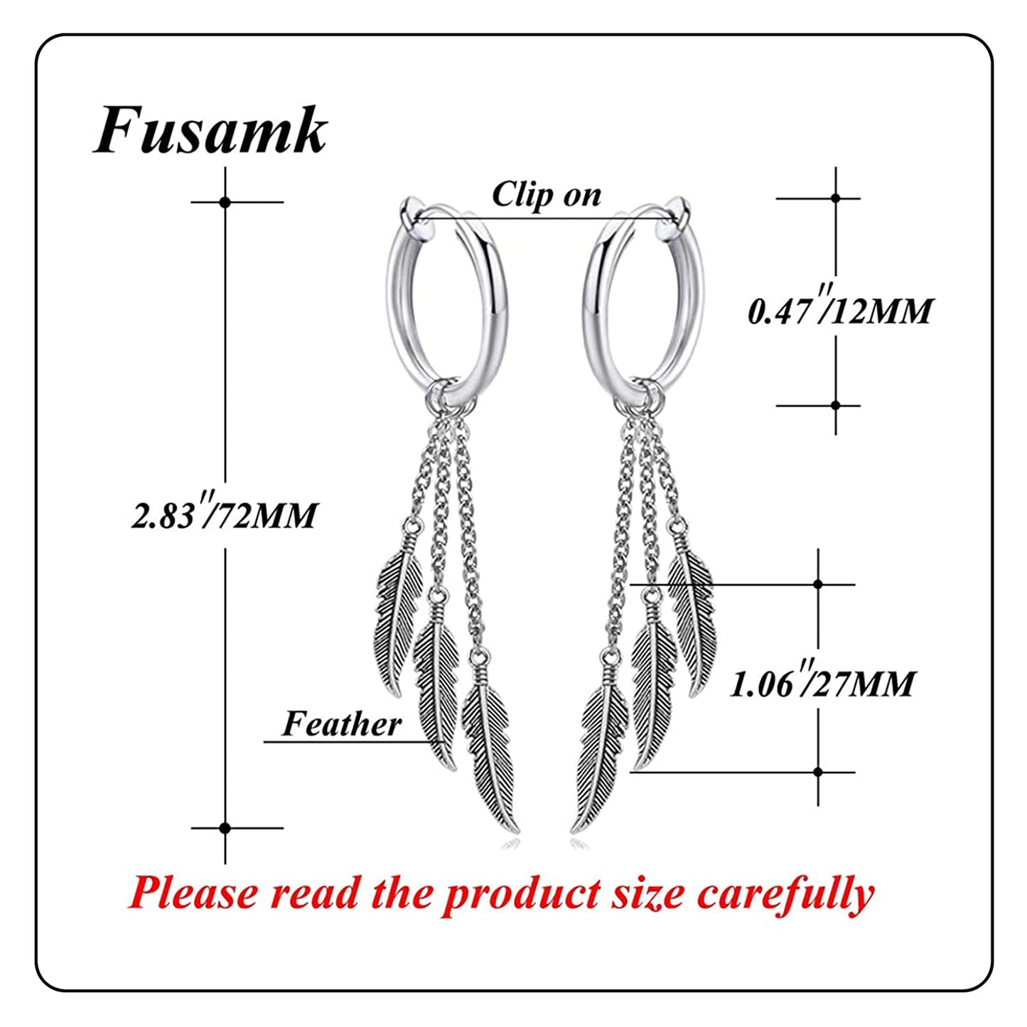 Fusamk Punk Rock Stainless Steel Feather Drop Dangle Earrings Huggie Hinged Hoop Earrings,2PCS