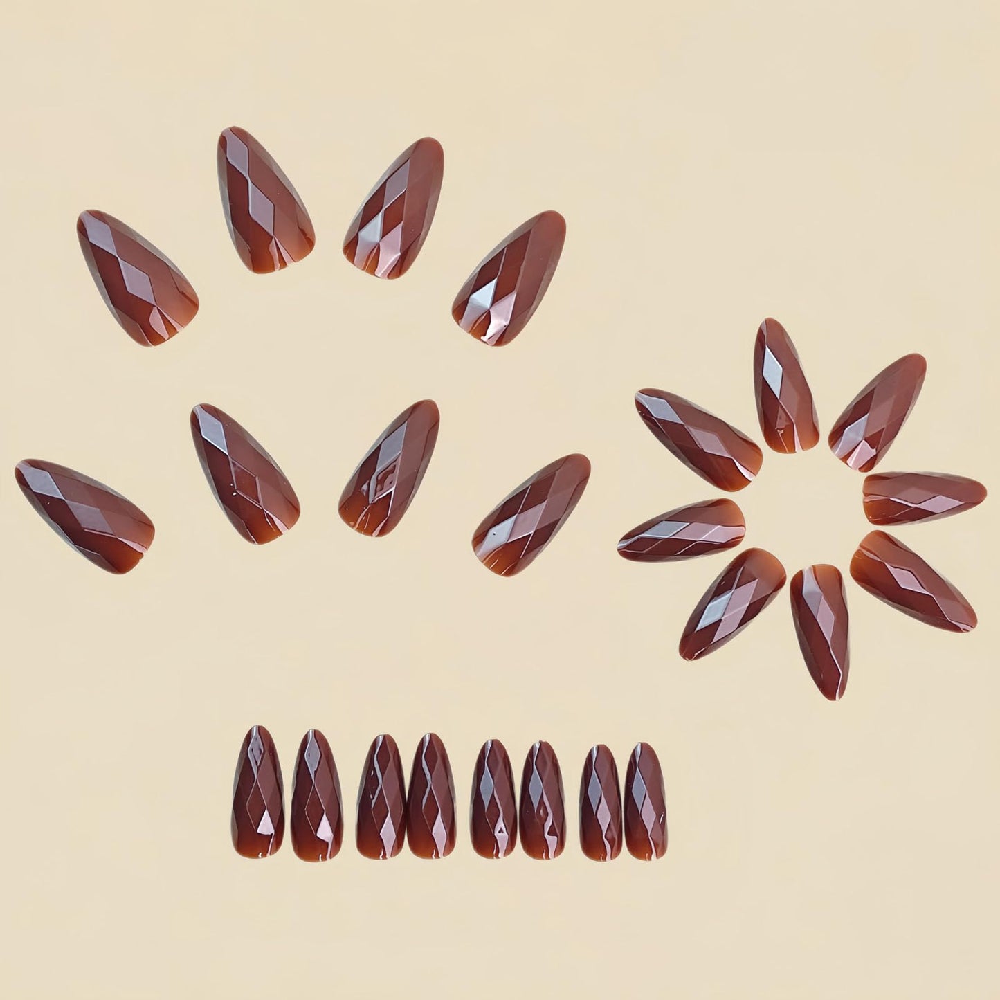 RUOKEXIN Almond Press on Nails Medium Length Fake Nails Brown Chrome False Nails with 3D Rhombus Designs Full Cover Nail Press ons Sparkly Artificial Nails for Women 24Pcs