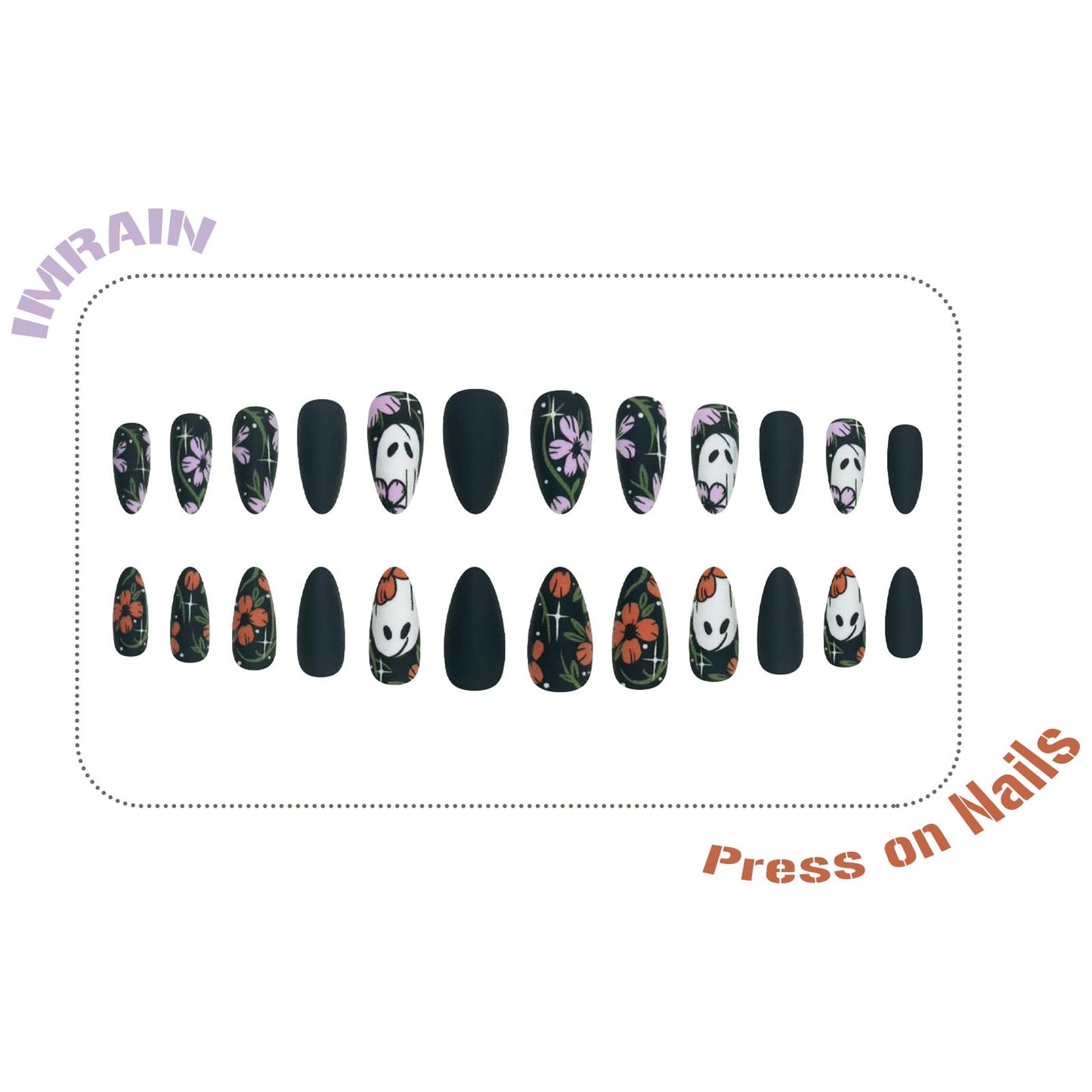 IMRAIN Halloween Press on Nails - Medium Almond Fake Nails with Ghost & Pink Orange Flower Design Full Cover Artificial Matte Black Cute False Nails for Women Manicure 24Pcs