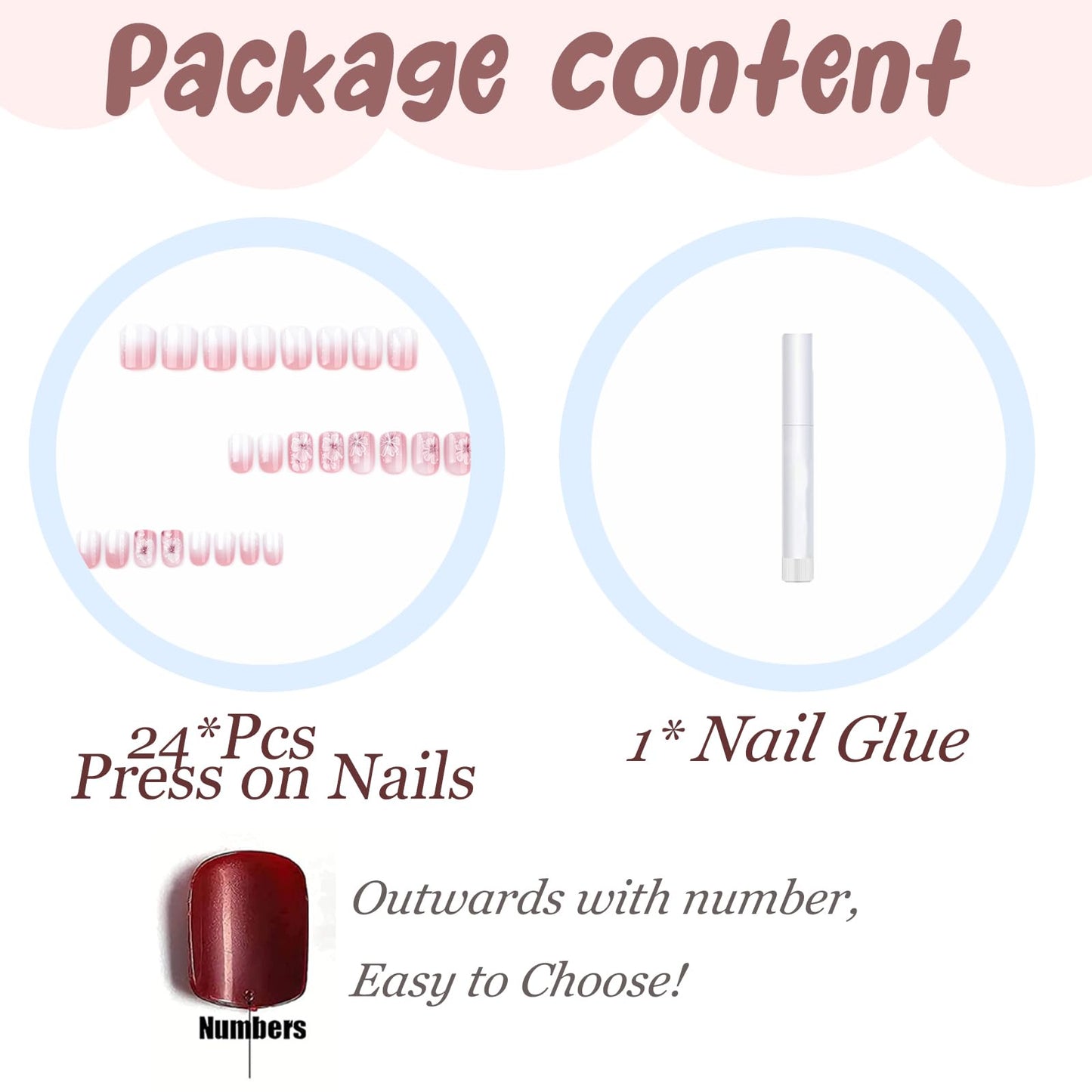 BABALAL Short Nails Press on Square Fake Nails Pink White Ombre Glue on Nails Flower Natural Acrylic Nails Design False Nails Art 24Pcs Squoval Full Cover Artificial Nails for Women Girls