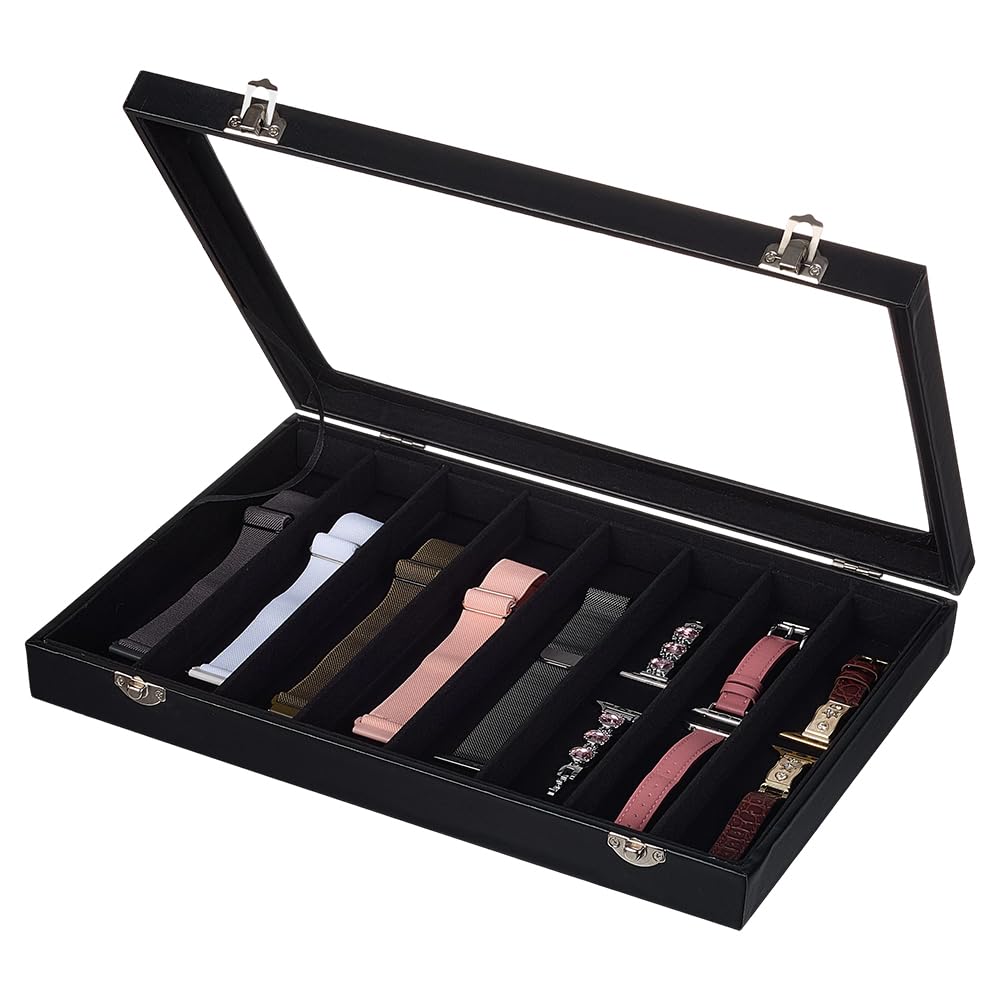 PH PandaHall 8 Slot Necklace Display Boxes, PU Leather Necklace Holder Organizer with Clear Window Watch Display Tray for Retail Store Jewelry Storage Stackable Necklace Display, Black