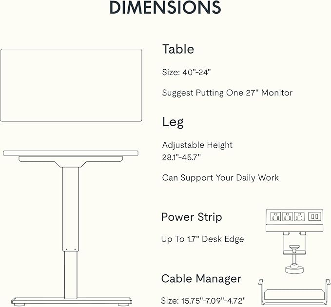 FLEXISPOT EN2 Whole-Piece Standing Desk with Clamp Power Strip, 40 x 24'' Electric Stand Up Height Adjustable Desk with Cable Management (Black Frame + 40" Black Top)