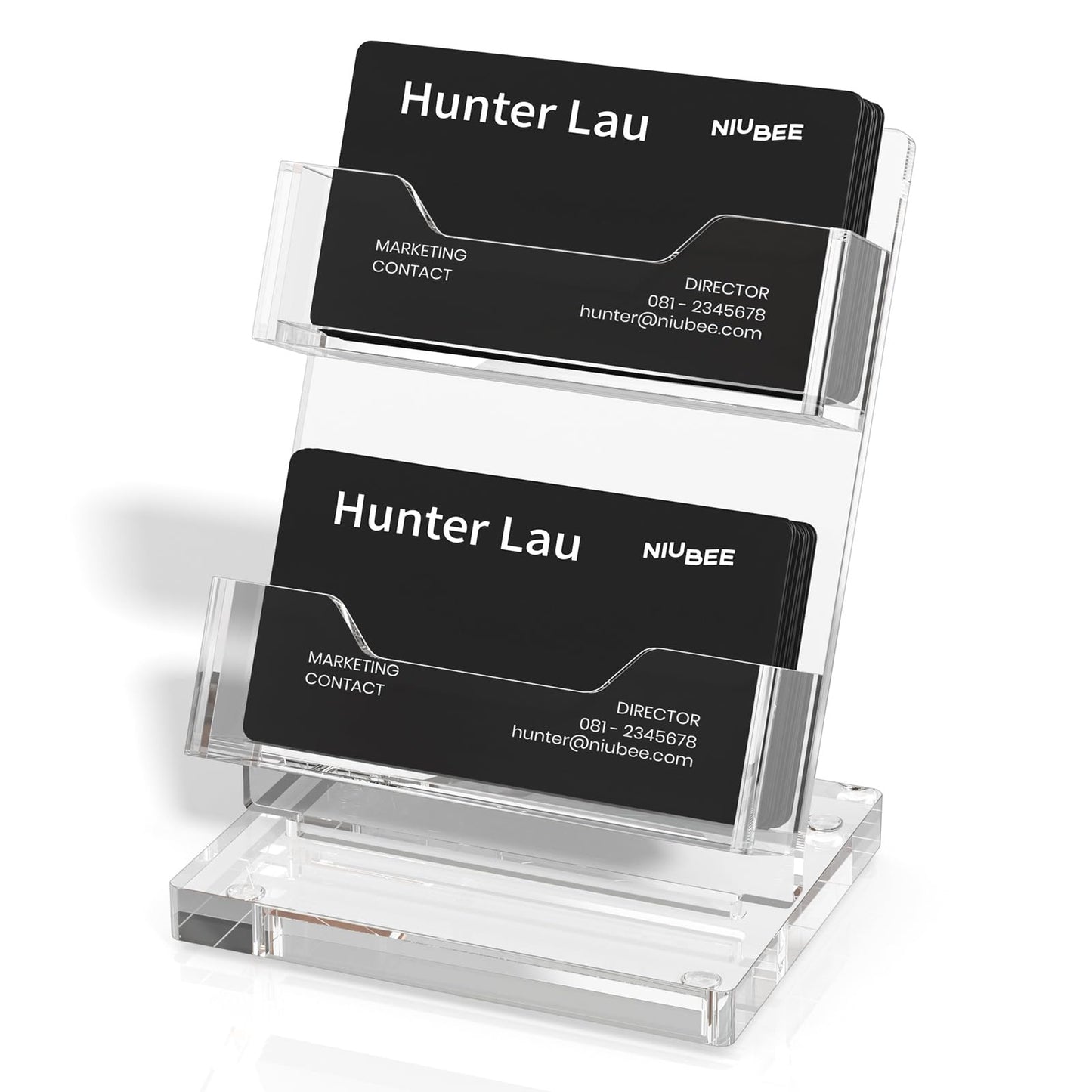 NIUBEE Acrylic Business Card Holder 2 Slots - Double Capacity Business Card Stand for Desk, 2 Tier Clear Gift Card Display for Office, Event, Exhibition