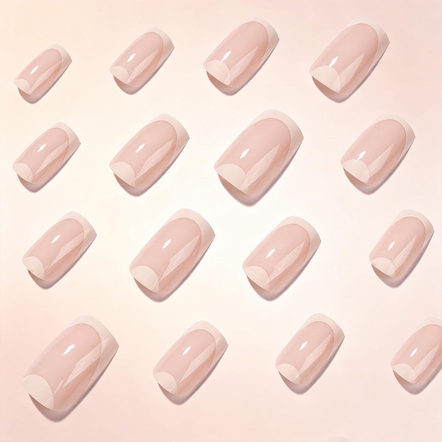 White French Tip Press On Nails, Medium Square Fake Nails with Half Moon Design, Nude Pink Glossy False Nails Reusable Acrylic Stick On Nails for Women, 24 Manicure Kit with Adhesive Tabs