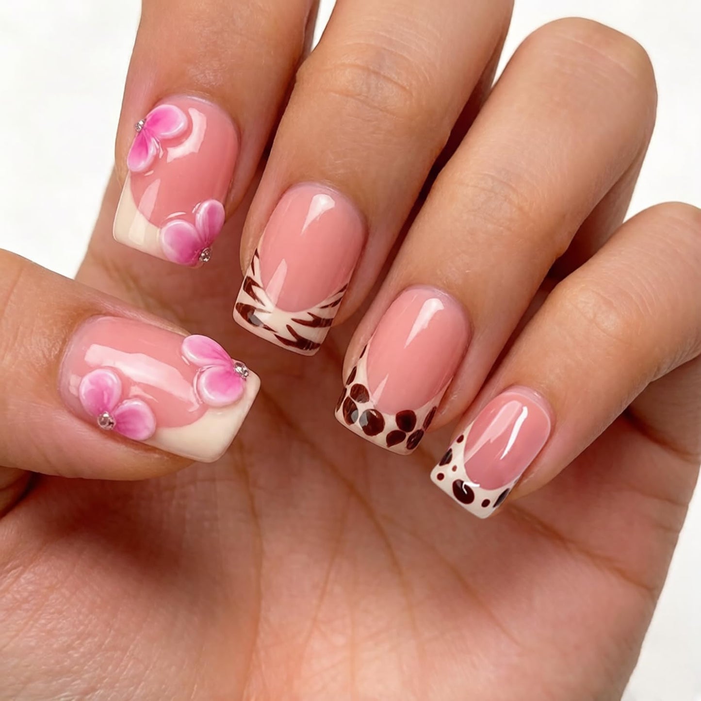 Luxury Handmade Press on Nails Pink White Gradient 3D Flower Fake Nails Stylish Short Square with Classic Leopard French Tip False Nail Thick Muti-Layer Gel Acrylic Stick on Nails for Women (S)