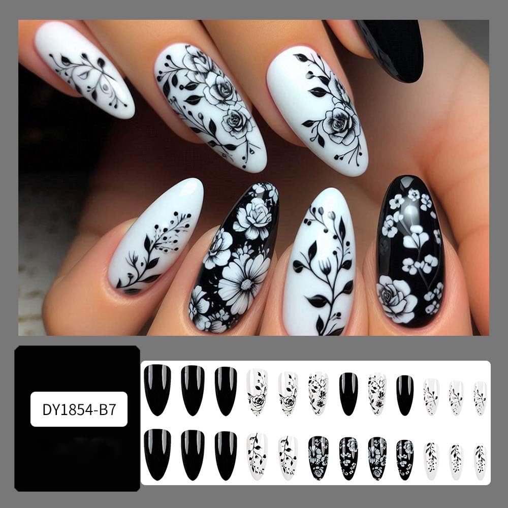 Almond Press On Nails Medium Fake Nails White False Nails With Flower Design Full Cover Acrylic Artificial Glossy Floral Glue On Nail Black Stick On Nail For Women 24pcs
