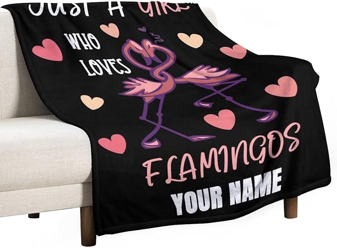 Custom Flamingo Throw Blanket Gifts with Name - 60 x 80 Inches Funny Throws for Adults - Black Fluffy Comfort Furry Blankets for Bed
