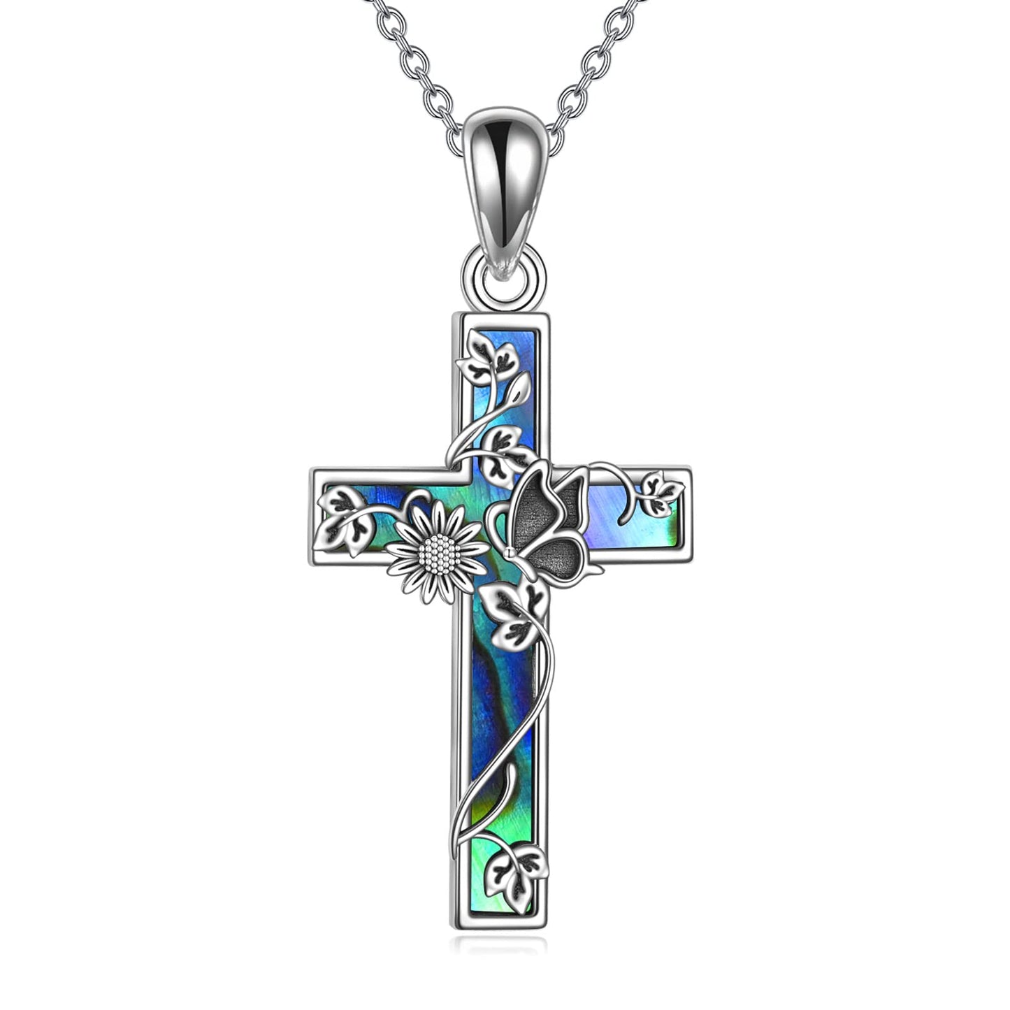 YFN Sunflower Cross Sterling Silver Butterfly Cross Pendant Abalone Shell Women's Christian Baptism Gift Necklace