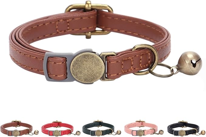 THAIN Leather Cat Collar with Bell Breakaway- Adjustable, Durable, Retro Bell fit Most Cats and Kittens (Dark Green)