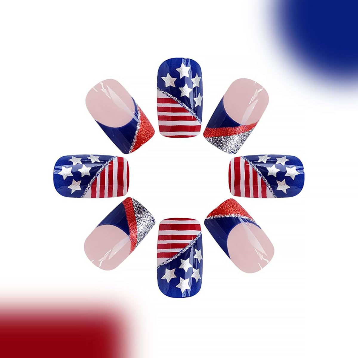24Pcs 4th of July Press on Nails Short Square French Tip Fake Nails Independence False Nails with American Flag Star Glitter Design Acrylic Day Glue on Nails DIY for Women Decoration