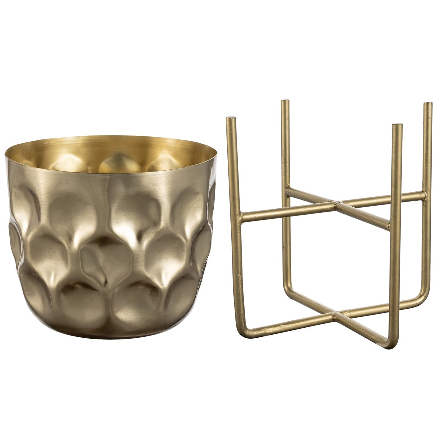 MyGift 7 Inch Deluxe Modern Hammered Brass Tone Metal Flower Planter Pot with Decorative Riser, Plant Pot with Display Stand Décor - Handcrafted in India
