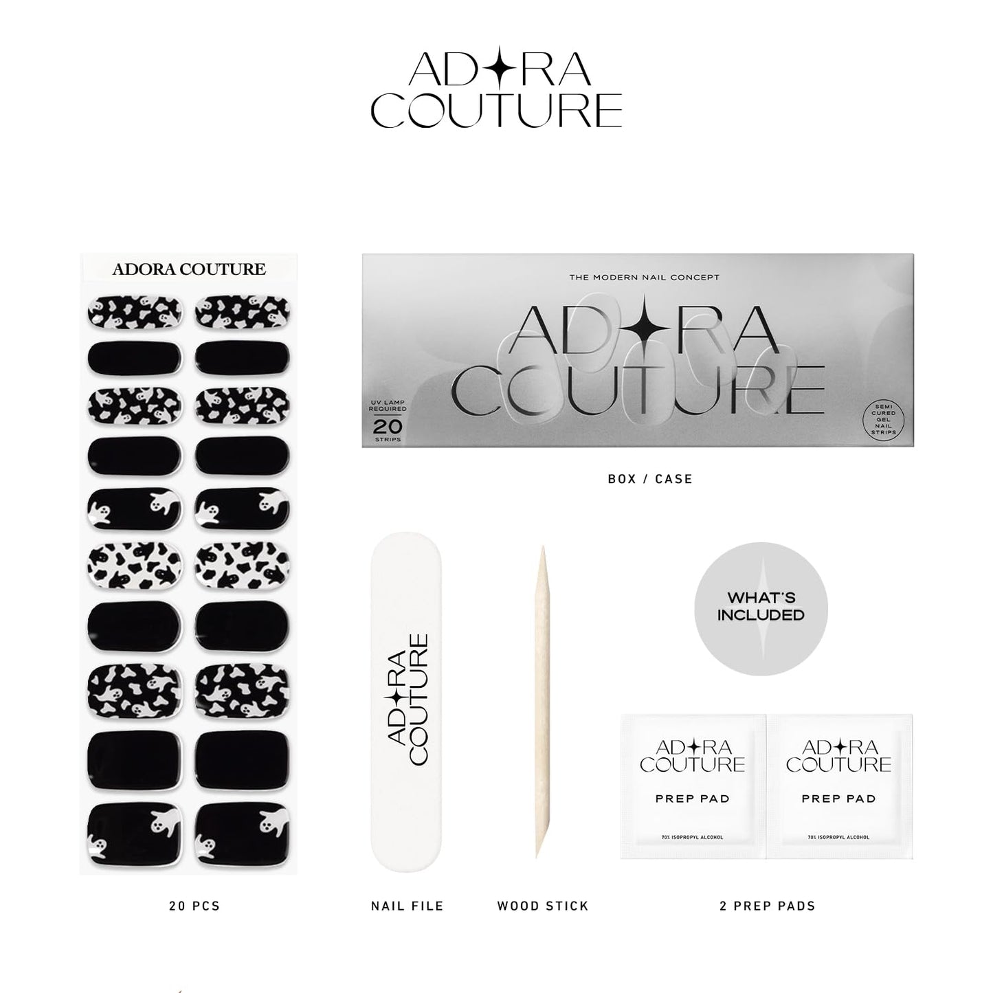 Adora Couture Semi-Cured Gel Nail Strips - 20 Salon-Quality Gel Sticker with UV Light Required, Long Lasting, Easy Application & Removal, Includes Prep Pad, Nail File, Wooden Stick – Boo Crew
