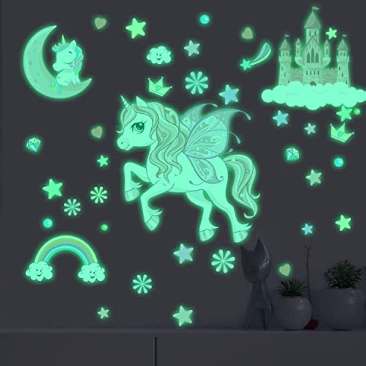 Glow in The Dark Stars Unicorn Wall Decals, Castle Moon Rainbow Stickers for Ceiling, DIY Unicorn Wall Decor for Nursery Girls Playroom, Kids Christmas Birthday Party Decoration