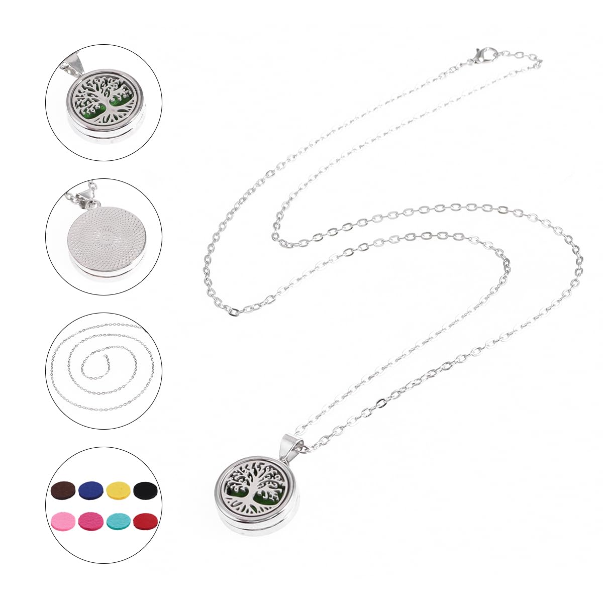 YWLI Essential Oil Diffuser Necklace Aromatherapy Locket Pendant Necklace Stainless Steel Tree of Life Necklace Pendant with 10 Pcs Refill Pads