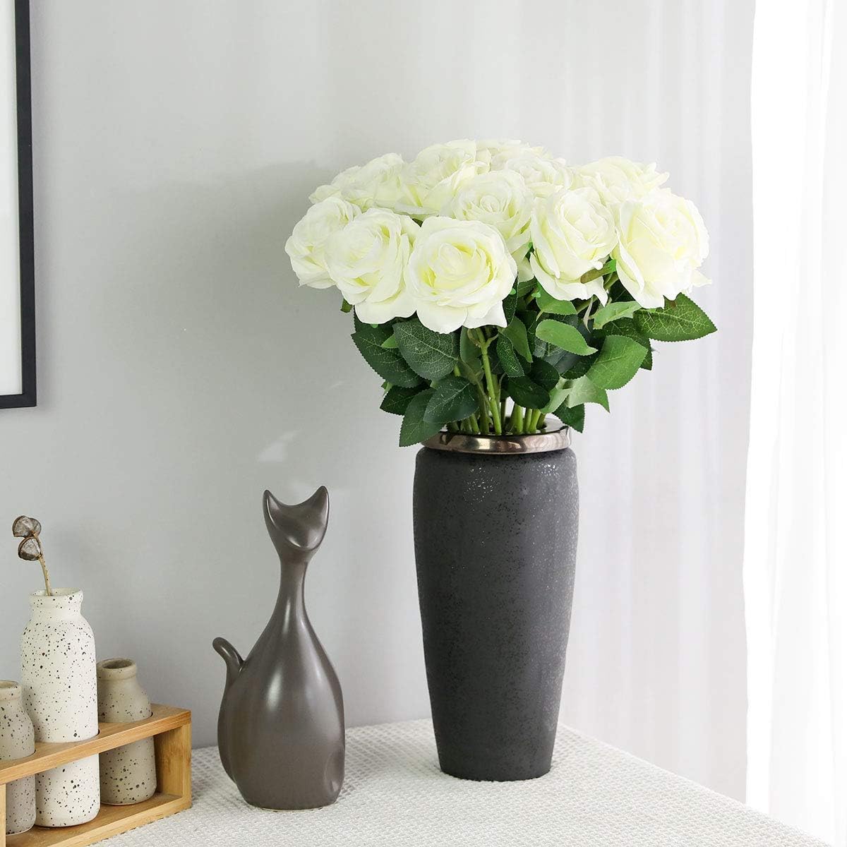 FLORRALIA White Fake Roses Artificial Flowers - 16 Pcs Fake Artificial Roses Silk Flowers with Stems for Home Wedding Hotel Office Centerpiece Decor