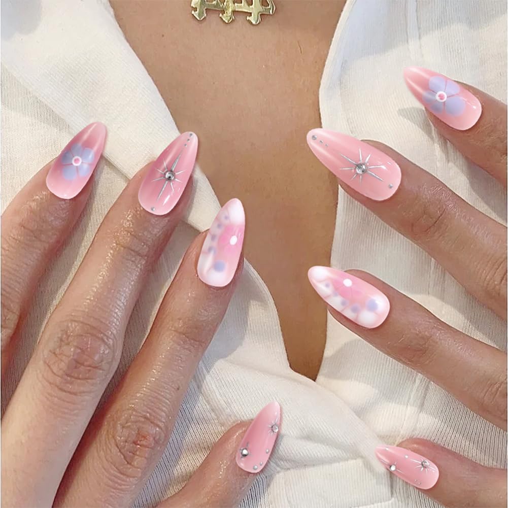 ADAIER Handmade Press On Nails, French Nails,wedding, party,Short Coffin Nails Set for Handmade,Reusable Opaque Nails in 10 Nail Kit for Women(Z-02) (Pink, S)