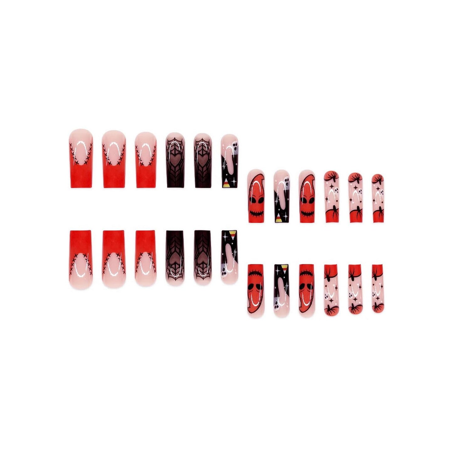 24pcs Halloween Press on Nails Long Square Fake Nails Monster Patch Pumpkin Ghost Spider Web designs Acrylic False Nails Glossy Full Cover Orange Black Glue on Nail for Women Party Manicure