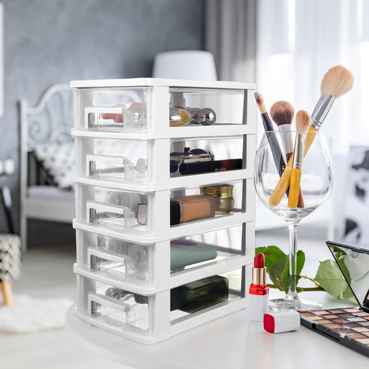 Kisangel Multifunctional 5-Layer Transparent Plastic Drawer Storage Cabinet 12.36X8.30X5.98In Portable Desktop Organizer for Office Study Living Room Sundries Storage