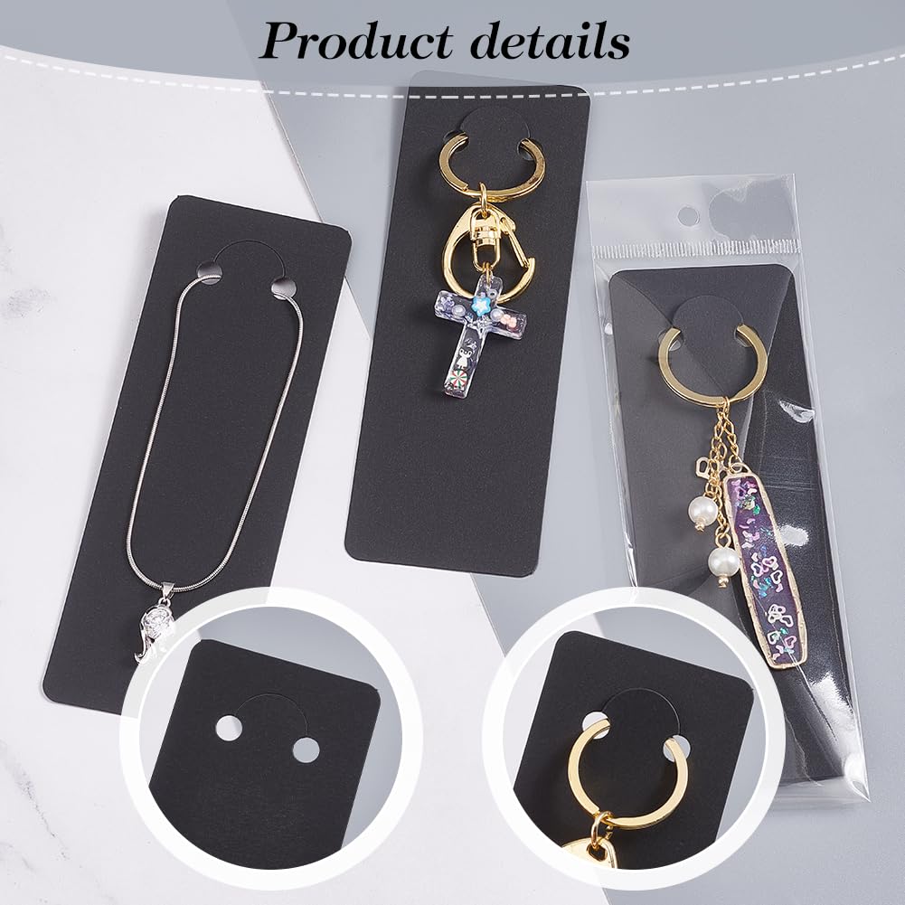 PH PandaHall 100 Sets Long Keychain Display Cards with Self-Sealing Bags, 5.9x2 Inch Black Paper Keyring Display Holder Keychain Cards Holder for Displaying Keyring Keychains Jewelry Packaging
