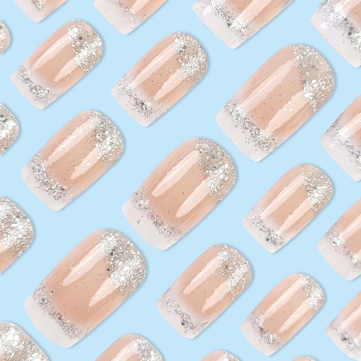 French Tip Press on Nails Medium Square Fake Nails Press ons Nail Tips, LINMEIZAI 24 Pcs Glitter Glossy Stick on Nails Sliver Acrylic Nail Kit with Sparkly White Design False Nails Nail Art for Women
