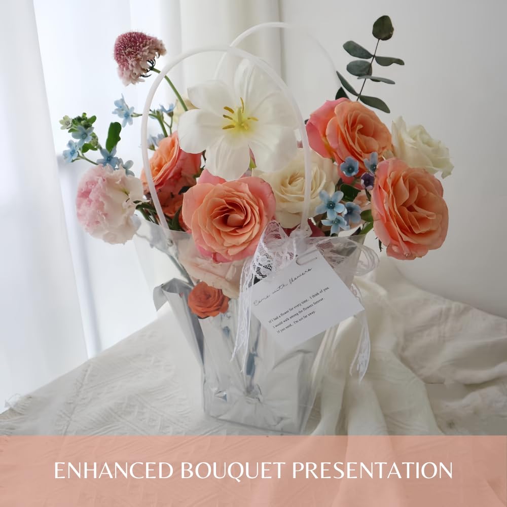 BBJ WRAPS Clear Flower Bouquet Bags with Handle Florist Shop Packaging Supplies, 5 Pcs (4 * 7 * 7.9 inch)